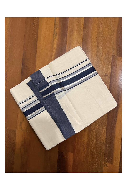 Off White Kerala Double Mundu with Silver Kasavu and Navy Blue Border (South Indian Dhoti)