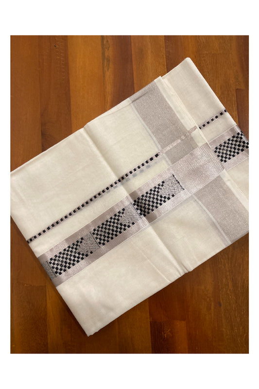 Southloom Handloom Premium Silver Kasavu Double Dhoti with Woven Design Border