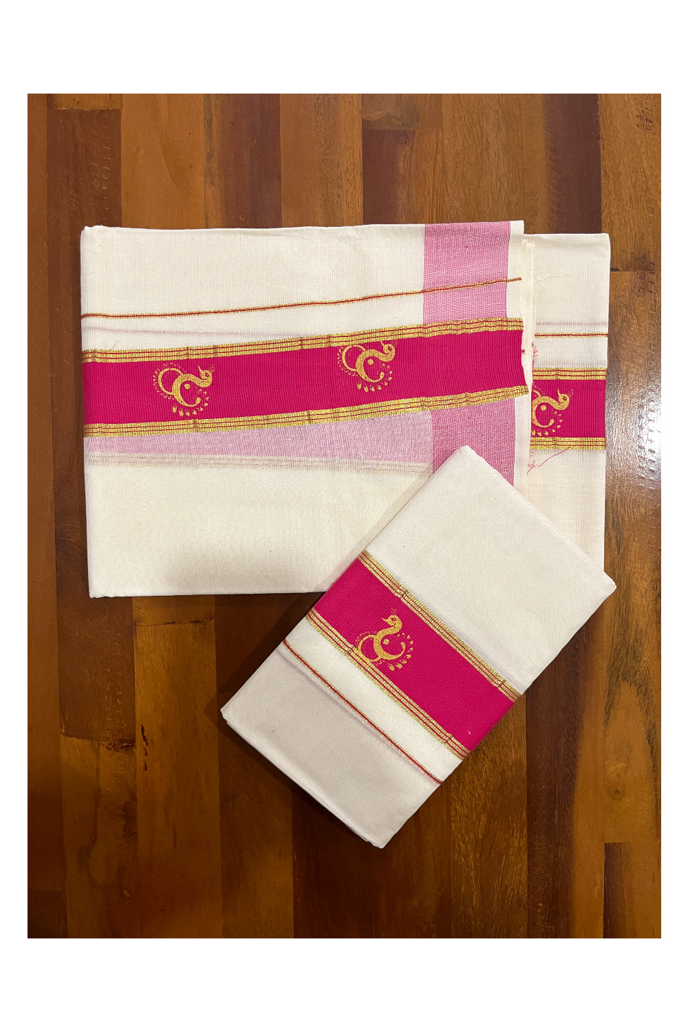 Pure Cotton Kasavu Single Set Mundu (Mundum Neriyathum ) with Golden Block Prints on Pink Border