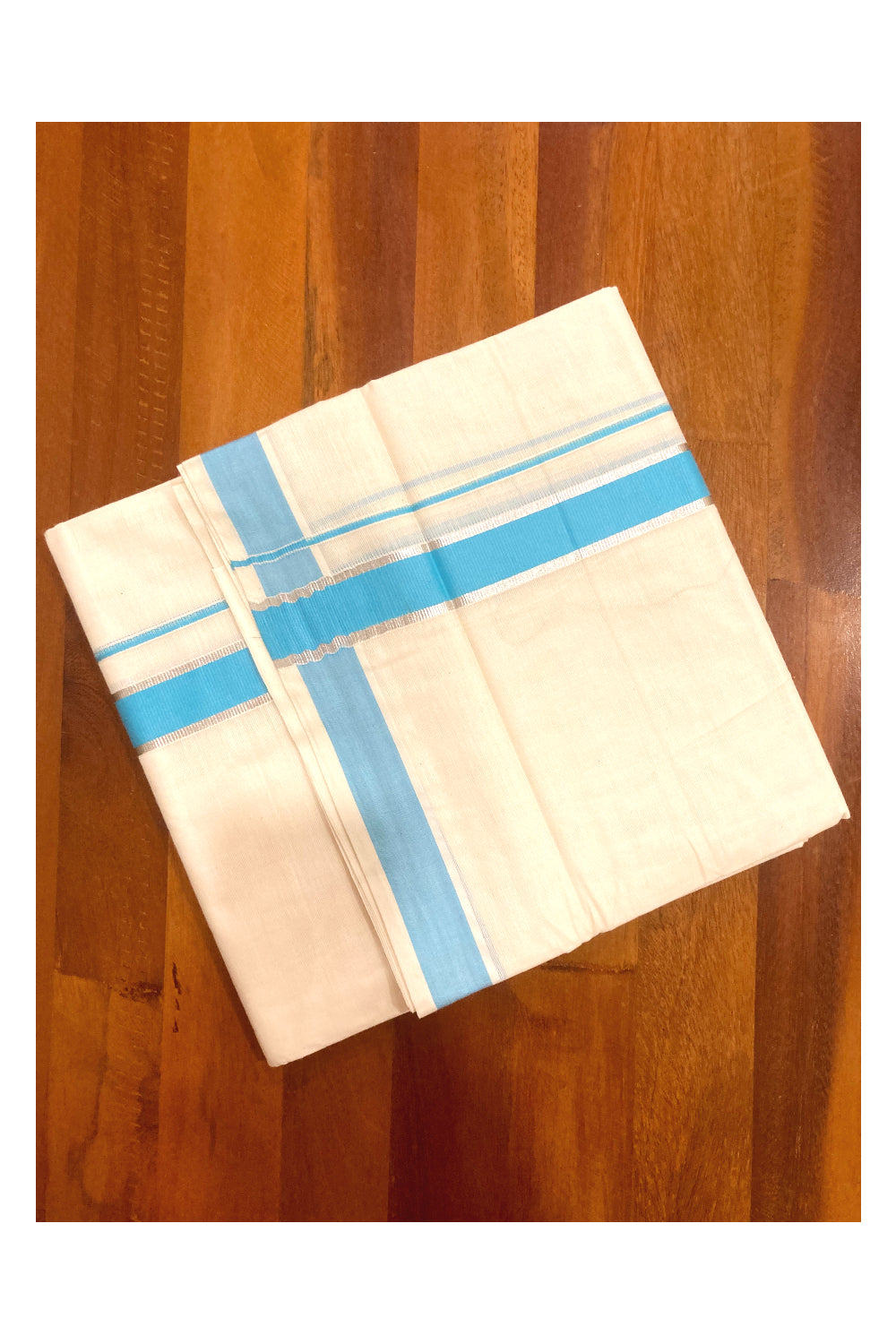 Pure Cotton Double Mundu with Blue and Silver Kasavu Border (South Indian Dhoti)