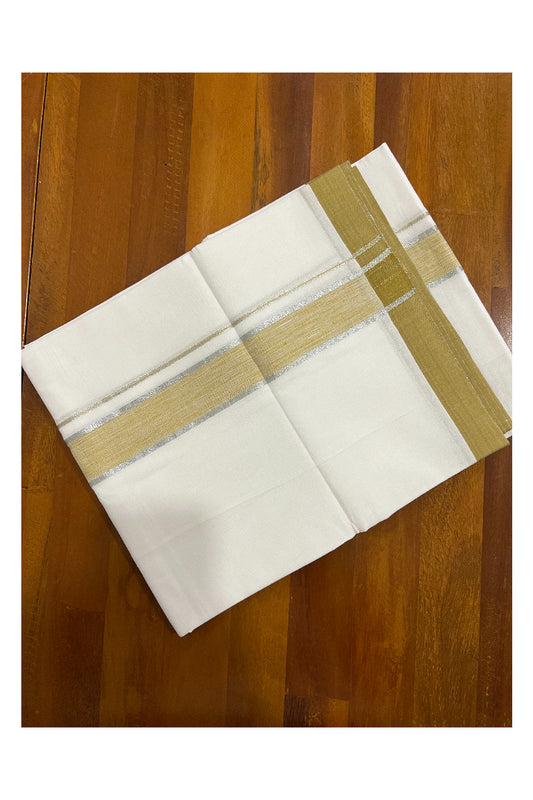 Pure White Kerala Cotton Double Mundu with Silver Kasavu and Olive Green Border (South Indian Dhoti)