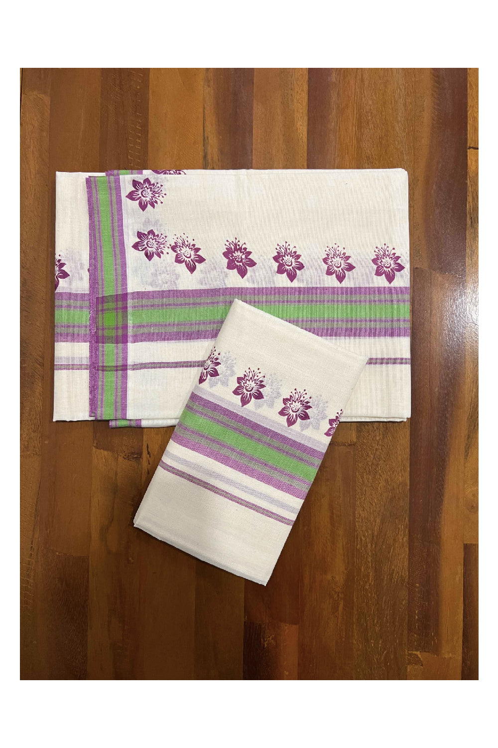 Kerala Cotton Mulloth Mundum Neriyathum Single (Set Mundu) with Magenta Floral Block Print Border (Extra Soft Cotton)