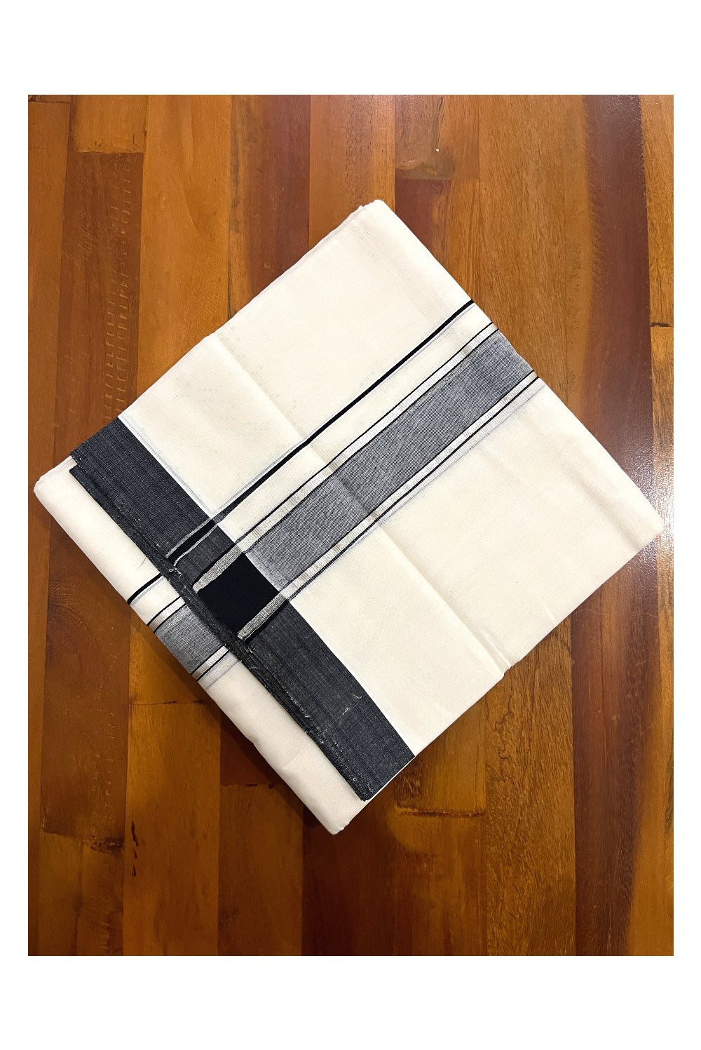 Southloom Premium Handloom Pure Cotton Mundu with Silver Kasavu and Black Border (South Indian Kerala Dhoti)