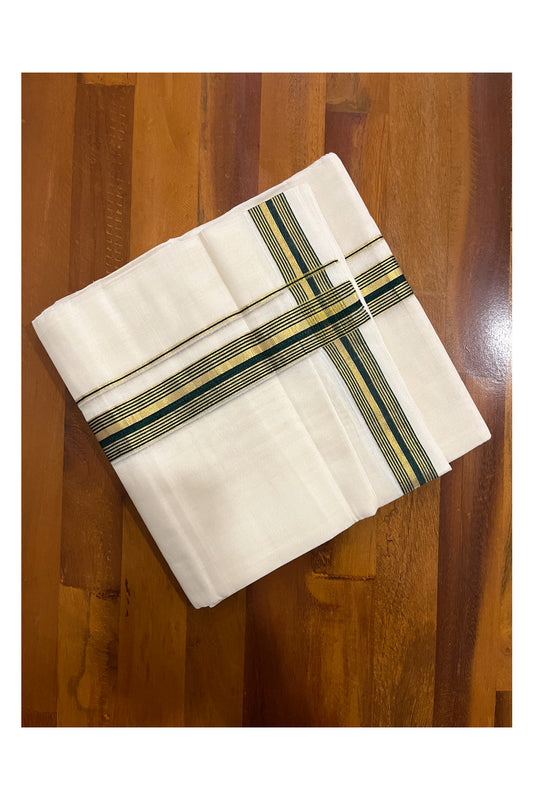 Southloom Premium Handloom Pure Cotton Mundu with Green and Kasavu Border (South Indian Dhoti)