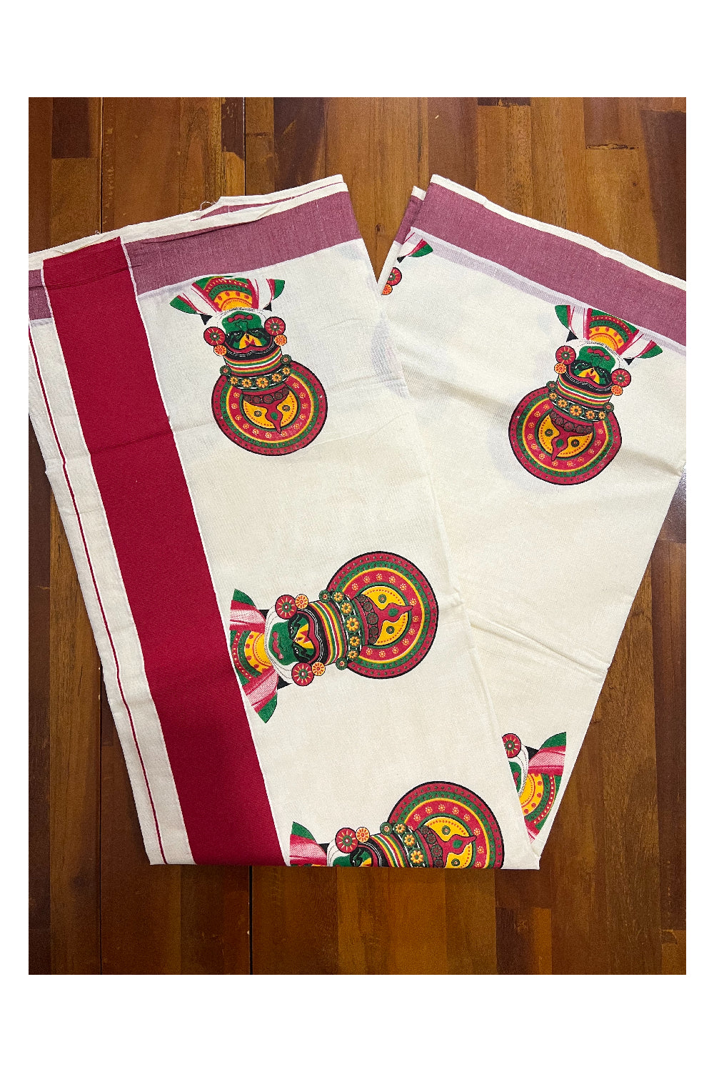 Kerala Pure Cotton Saree with Mural Printed Kathakali Face Design and Dark Red Border