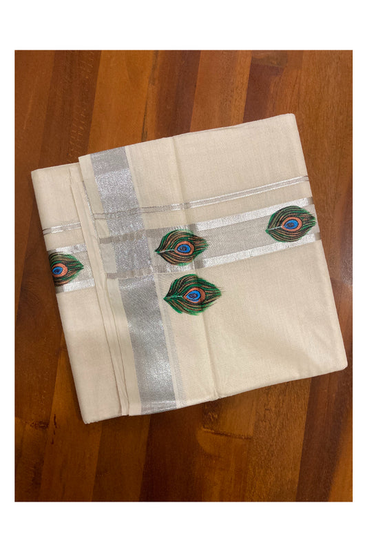 Pure Cotton Silver Kasavu Mundu with Mural Hand Painted Feather Design (South Indian Dhoti)