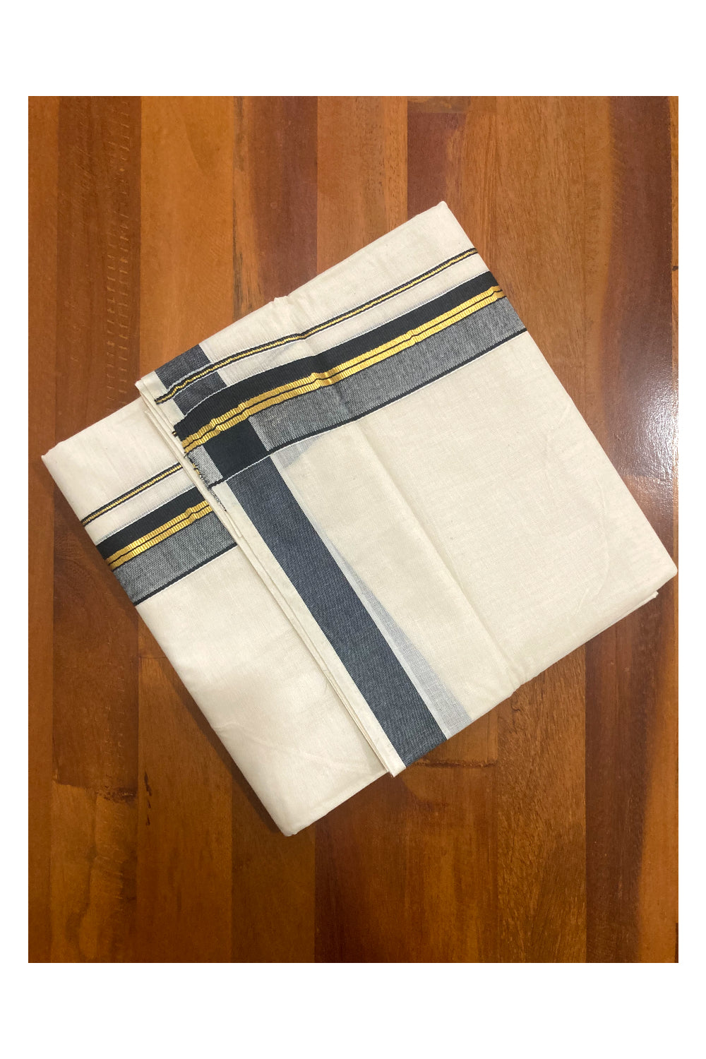 Pure Cotton Kerala Double Mundu with Kasavu and Black Border (South Indian Dhoti)