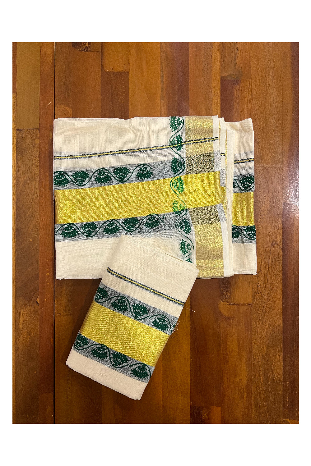 Pure Cotton Kasavu Set Mundu (Mundum Neriyathum) with Green Floral Block Prints on Border