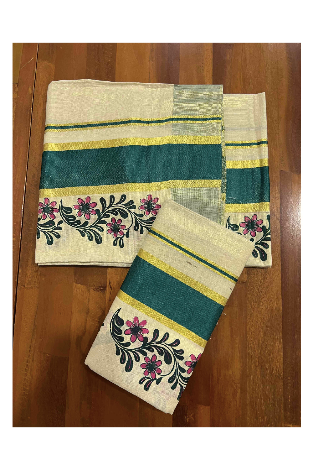 Kerala Tissue Kasavu Set Mundu (Mundum Neriyathum) with Green Block Printed Pallu