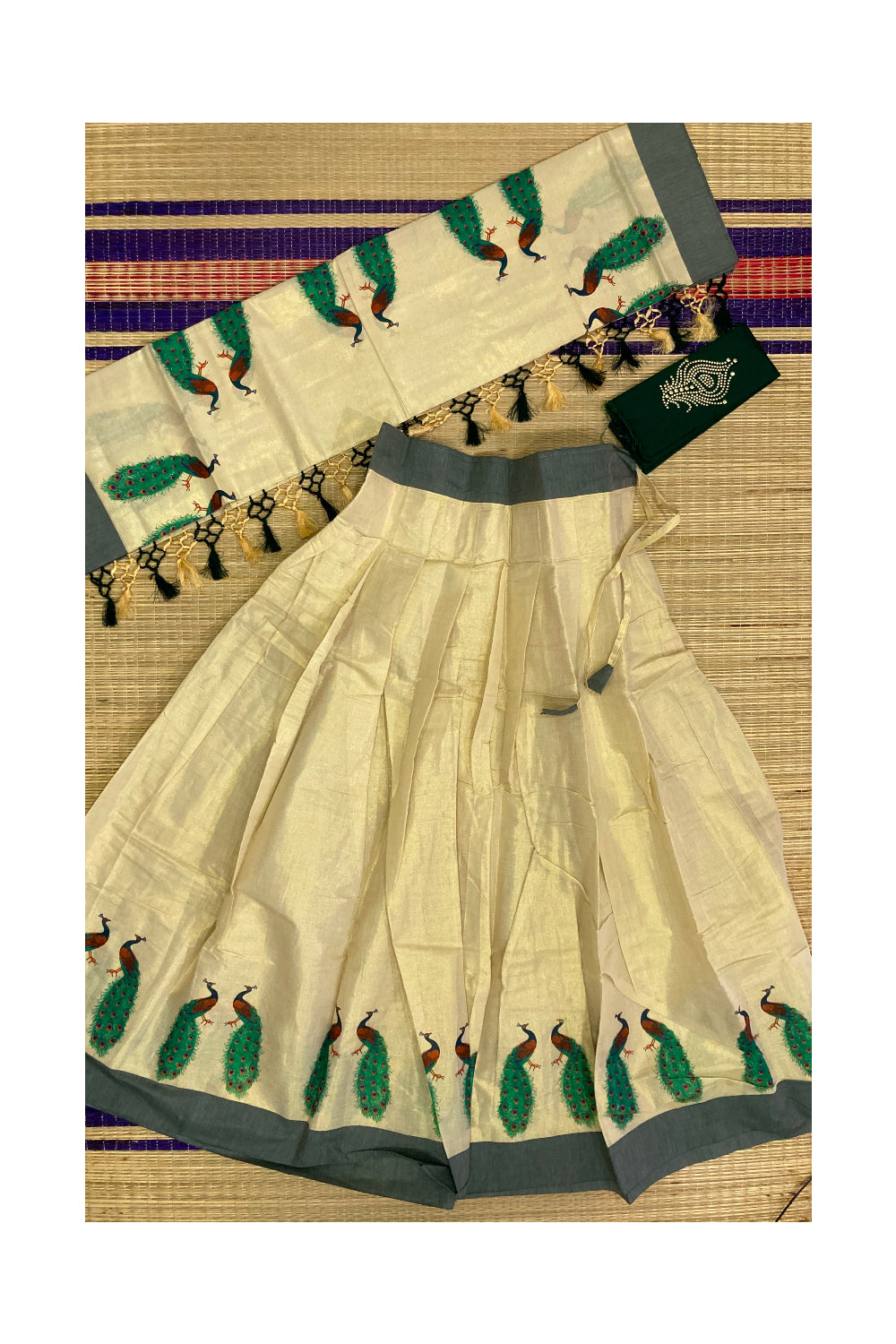 Kerala Tissue Stitched Dhavani Set with Blouse Piece and Neriyathu in with Dark Green Mural Work