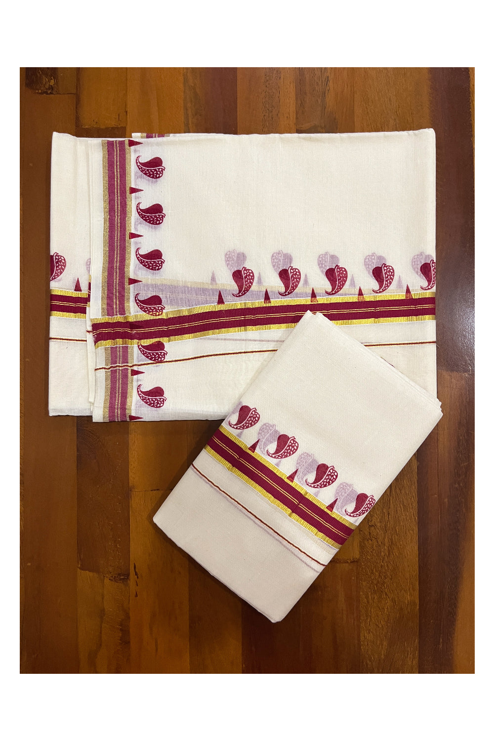 Kerala Cotton Single Kasavu Set Mundu (Mundum Neriyathum) with Red Block Prints on Border