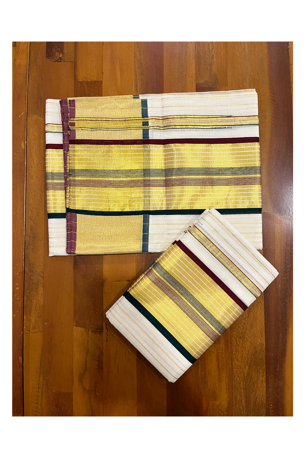 Southloom Premium Handloom Set Mundu with Maroon Green Border and Kasavu Lines Across Body 2.80 Mtrs