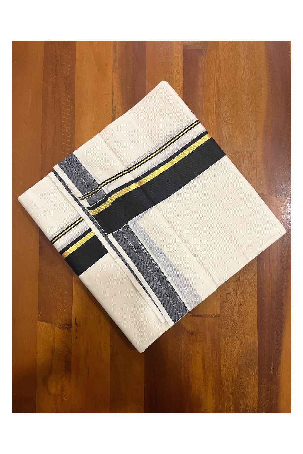 Pure Cotton Double Mundu with Black and Kasavu Kara (South Indian Dhoti)