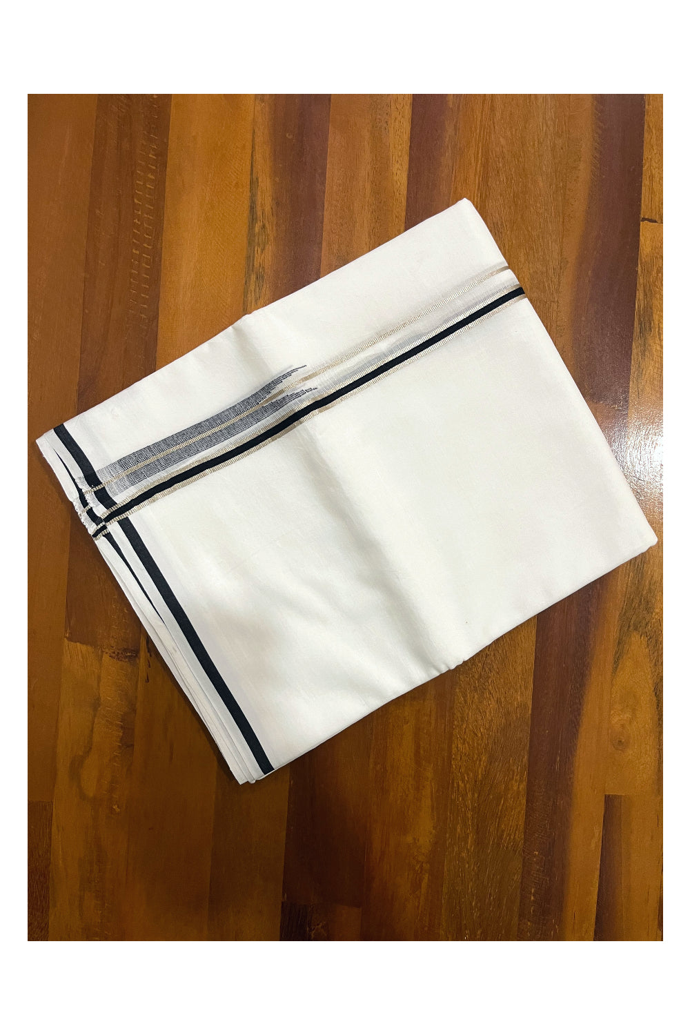 Pure White Cotton Double Mundu with Silver Kasavu and Black Chutti Border (South Indian Dhoti)