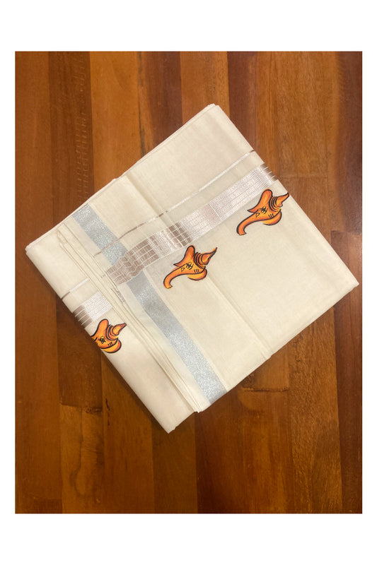 Off White Pure Cotton Double Mundu with Mural Prints on Silver Kasavu Kara (South Indian Dhoti)