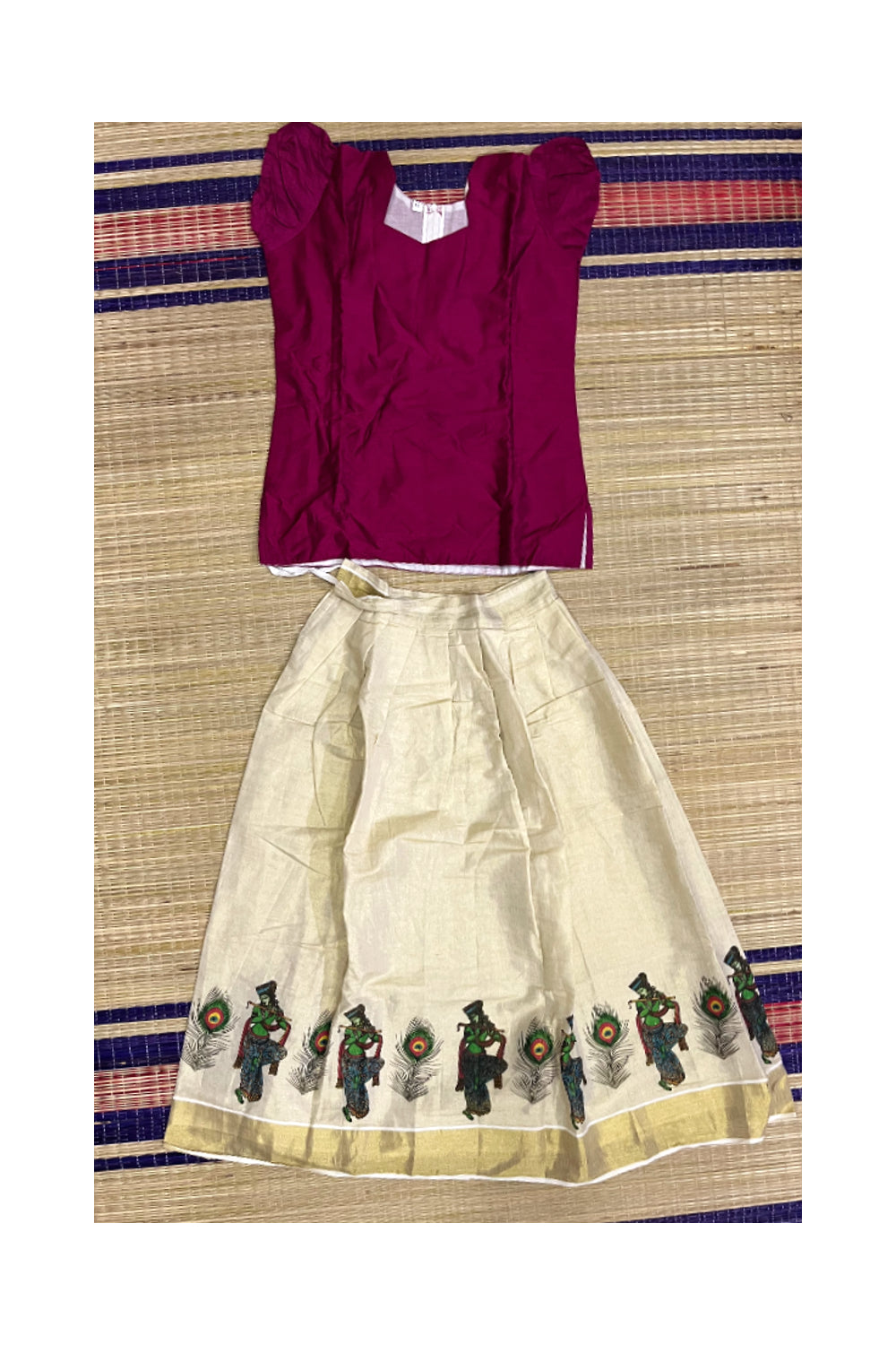 Southloom Kerala Pavada Blouse with Krishna and Feather Mural Design (Age - 11 Year)