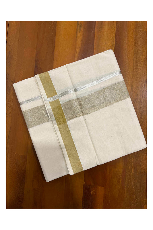 Off White Kerala Double Mundu with Silver Kasavu and Tan Brown Border (South Indian Dhoti)