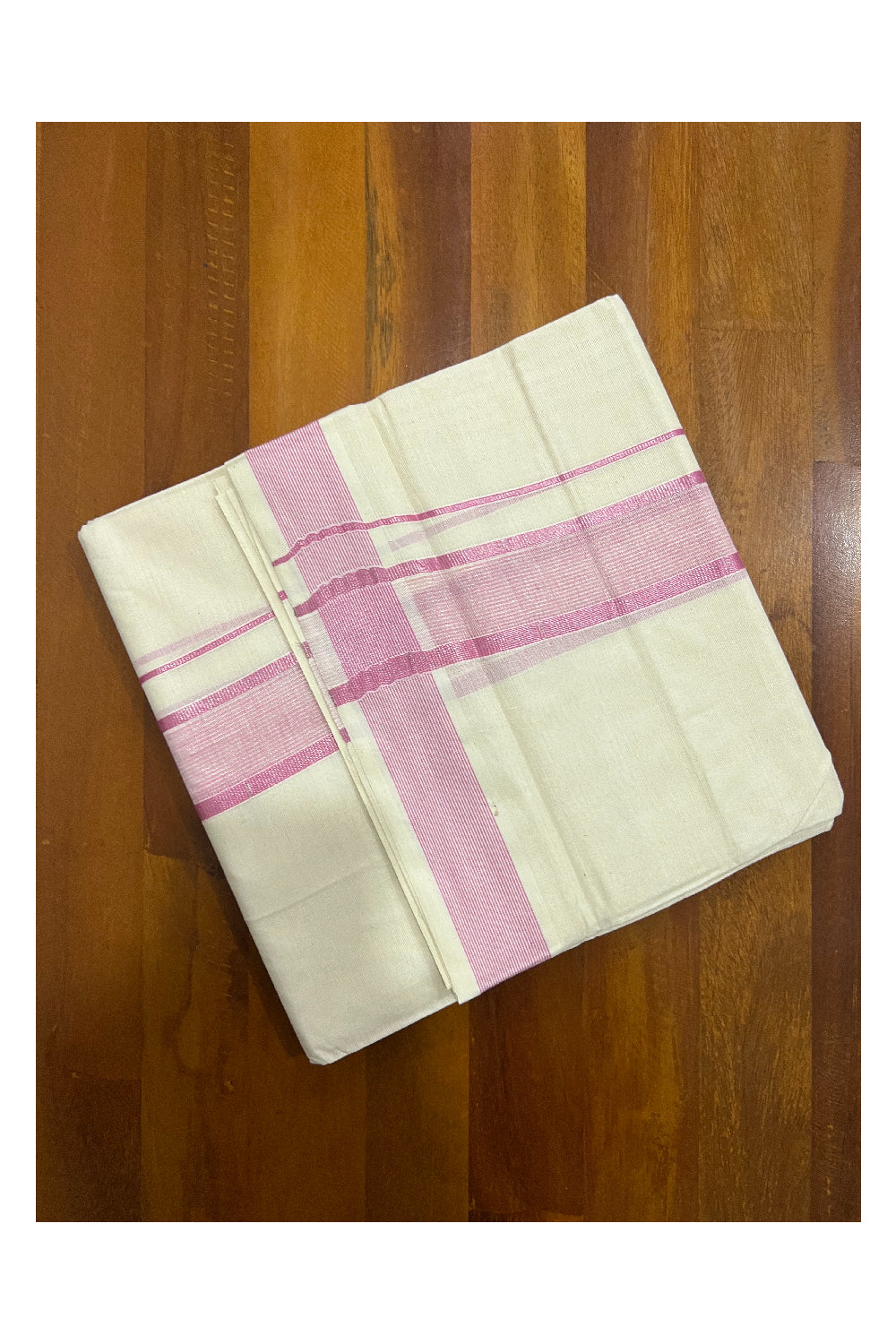 Pure Cotton Off White Double Mundu with Pink and Silver Kasavu Border (South Indian Dhoti)