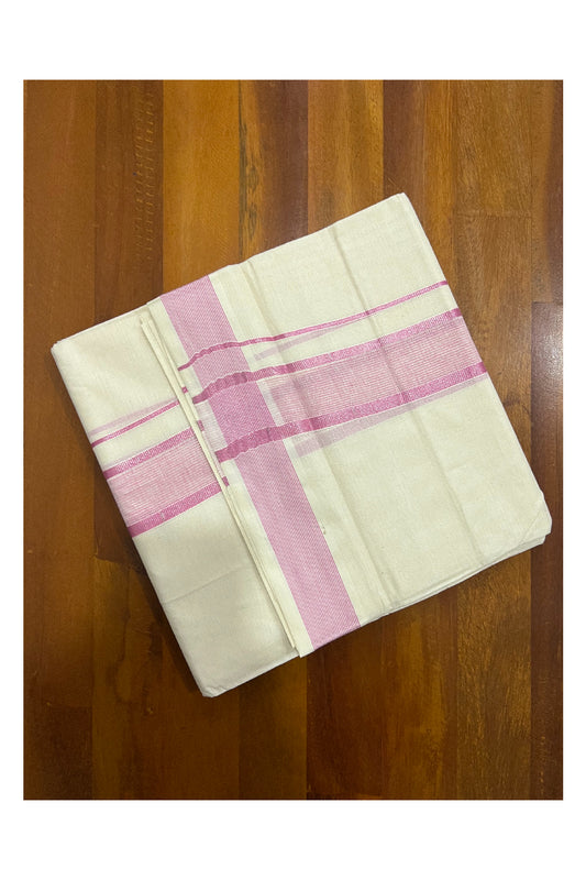 Pure Cotton Off White Double Mundu with Pink and Silver Kasavu Border (South Indian Dhoti)