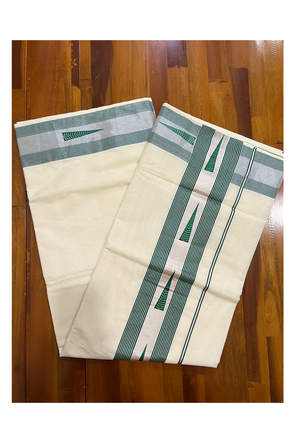 Pure Cotton Kerala Silver Kasavu and Green Border Saree with Green Block Prints