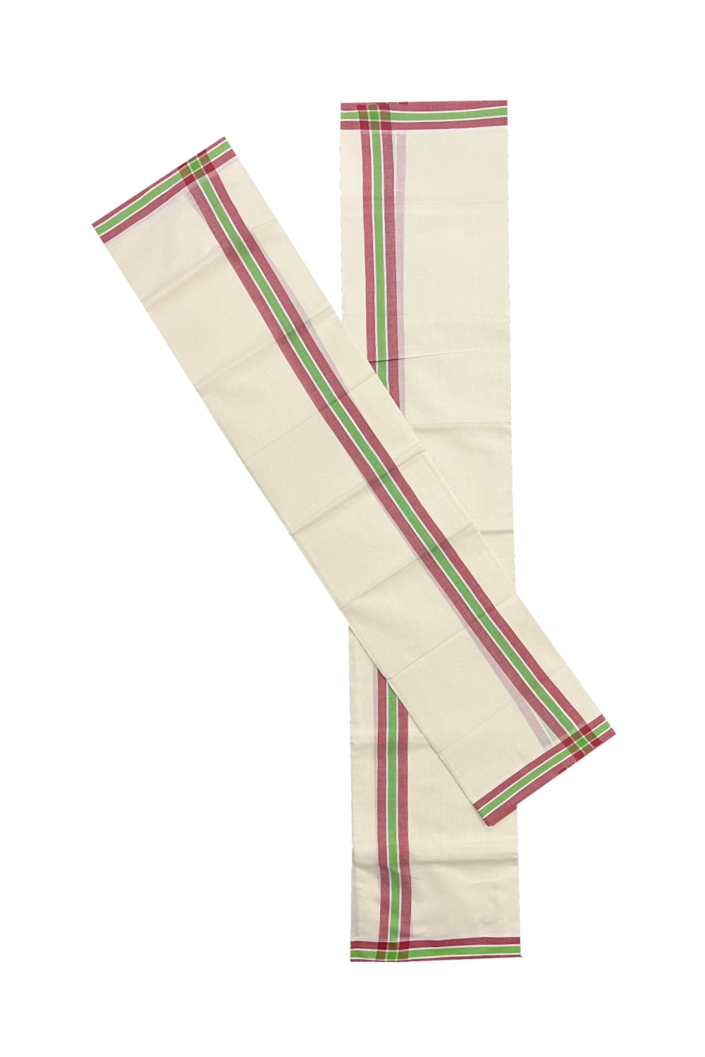 Kerala Cotton Mundum Neriyathum Single (Set Mundu) with Red and Light Green Mulloth Border (Extra Soft Cotton)