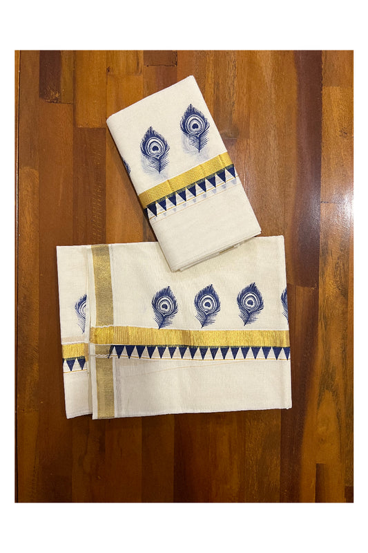 Cotton Kasavu Set Mundu (Mundum Neriyathum) with Dark Blue Block Feather Temple Prints on Border