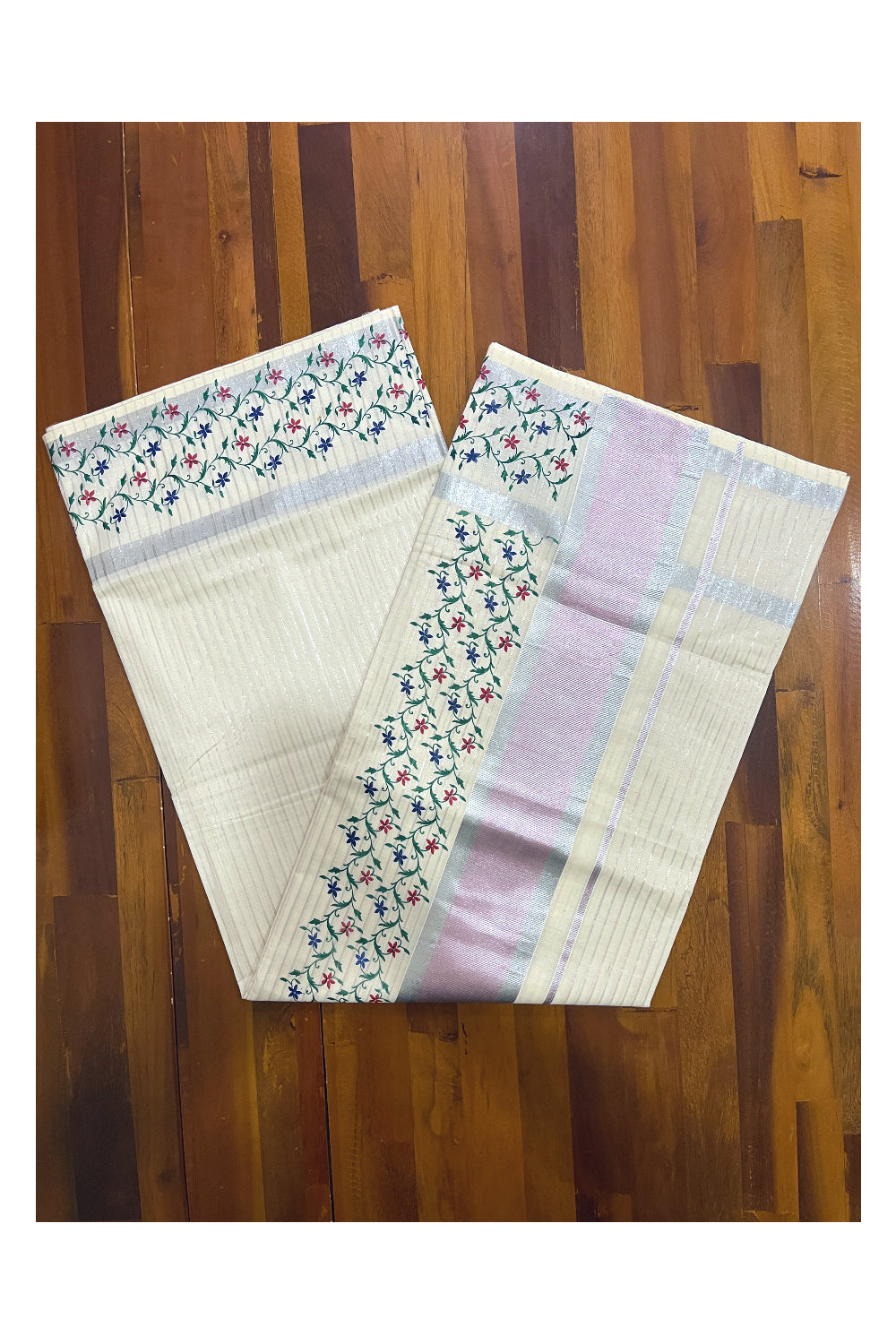 Pure Cotton Kerala Saree with Silver and Pink Kasavu Lines Across Body and Block Prints (Vishu Saree 2023)