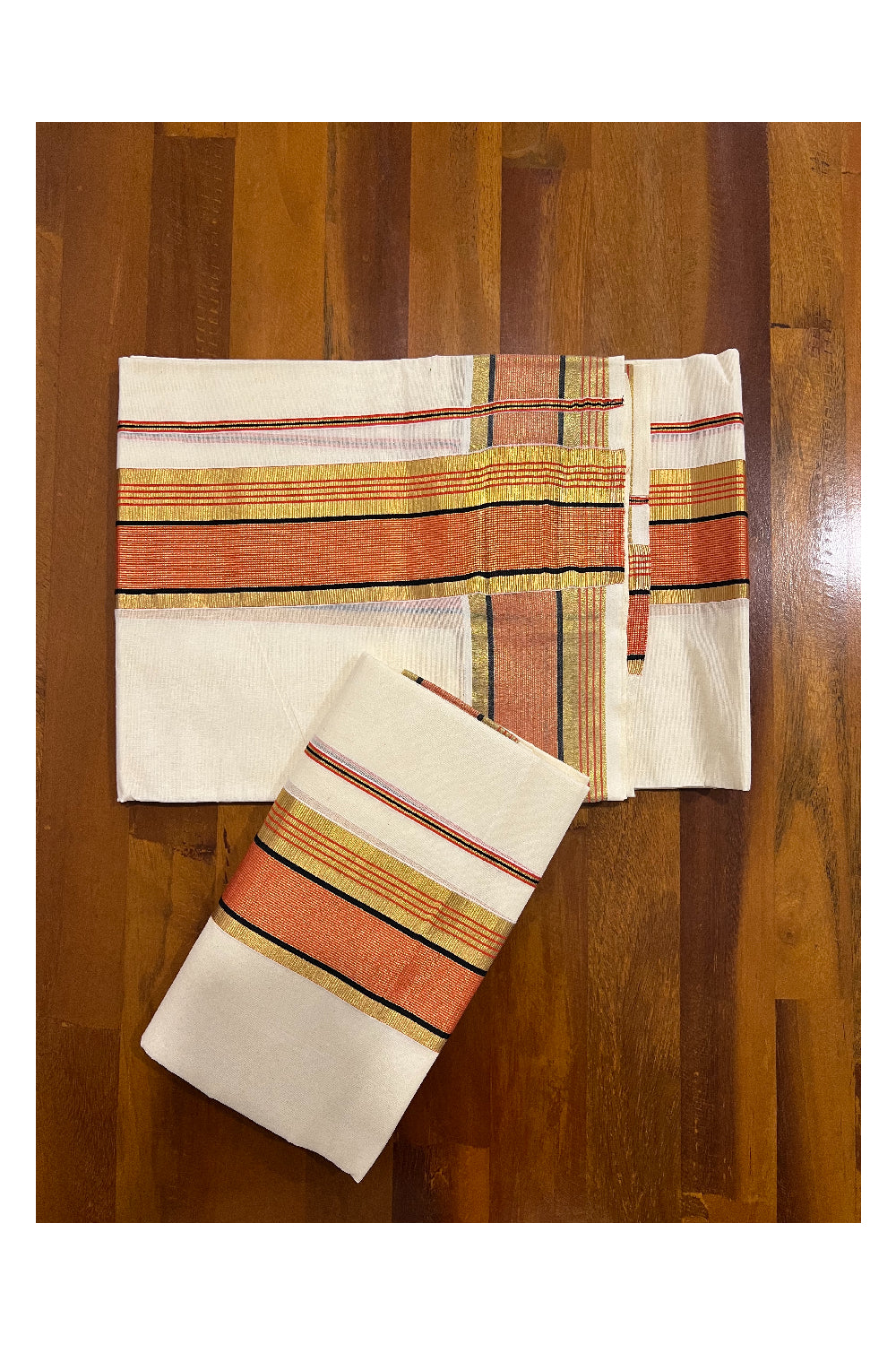 Kerala Cotton Kasavu Set Mundu (Mundum Neriyathum) with Orange and Kasavu Border 2.80 Mtrs