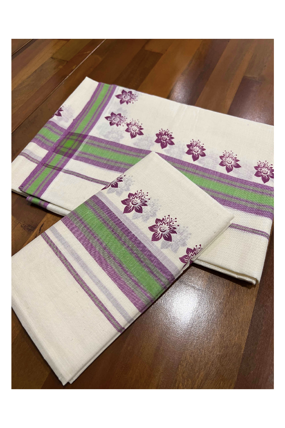 Kerala Cotton Mulloth Mundum Neriyathum Single (Set Mundu) with Magenta Floral Block Print Border (Extra Soft Cotton)