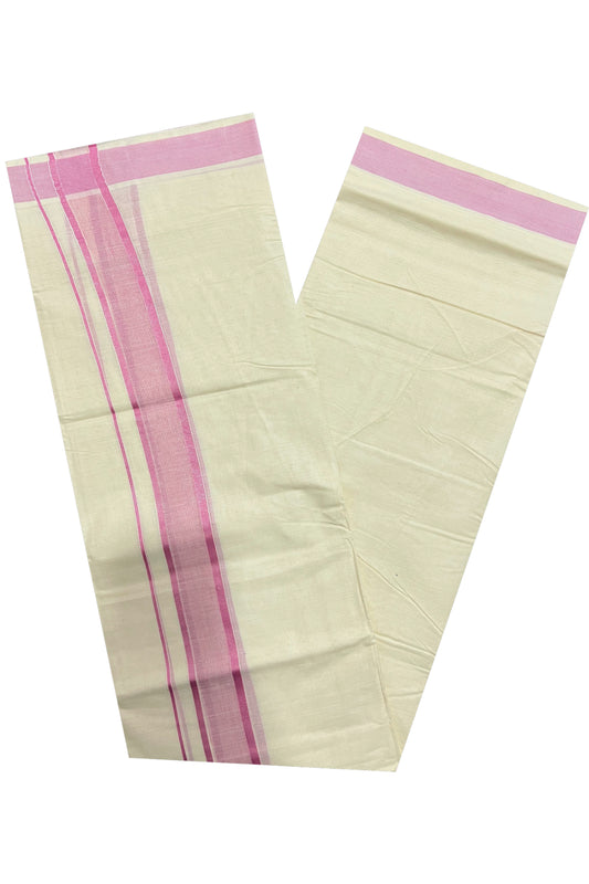 Pure Cotton Off White Double Mundu with Pink and Silver Kasavu Border (South Indian Dhoti)