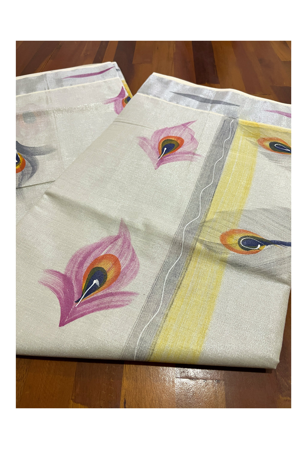 Kerala Silver Tissue Kasavu Saree with Hand Painted Peacock Design