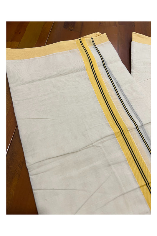 Off White Cotton Mundu with Black lines on Bright Orange Kara (South Indian Dhoti)