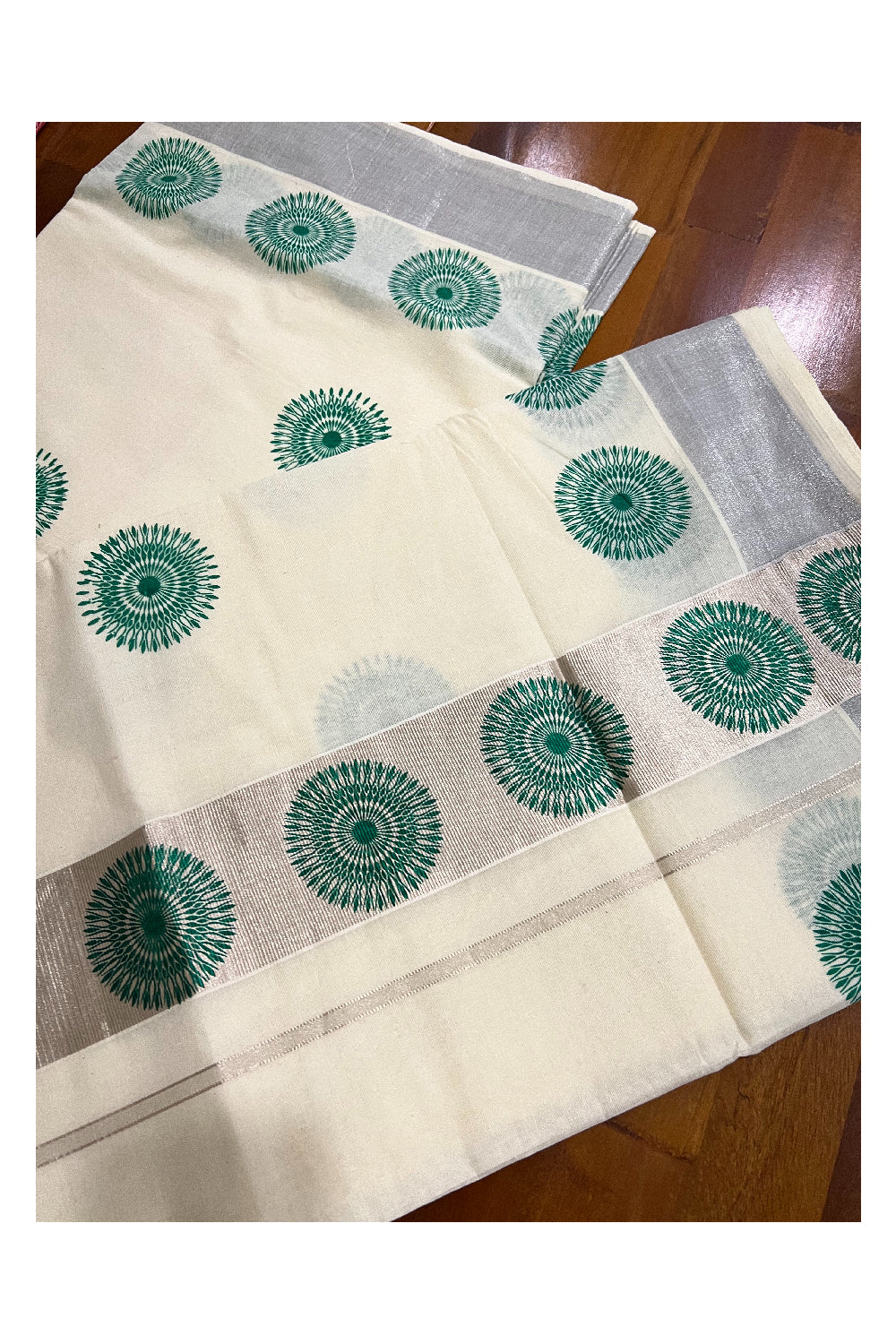 Pure Cotton Kerala Saree with Green Block Prints on Silver Border and Pallu