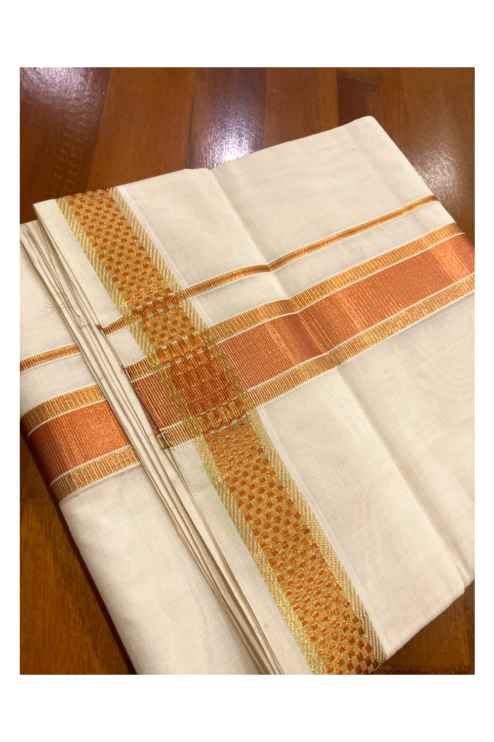 Southloom Premium Handloom Pure Cotton Mundu with Golden and Copper Kasavu Design Border (South Indian Dhoti)