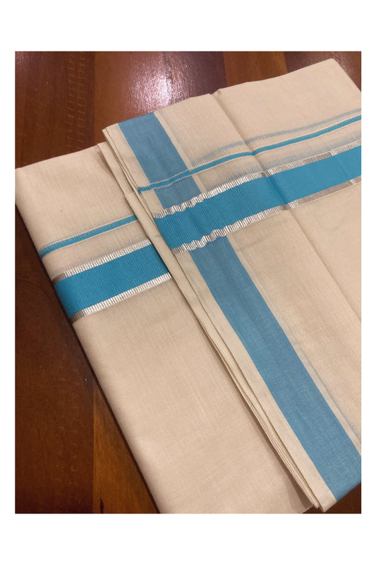 Pure Cotton Double Mundu with Blue and Silver Kasavu Border (South Indian Dhoti)