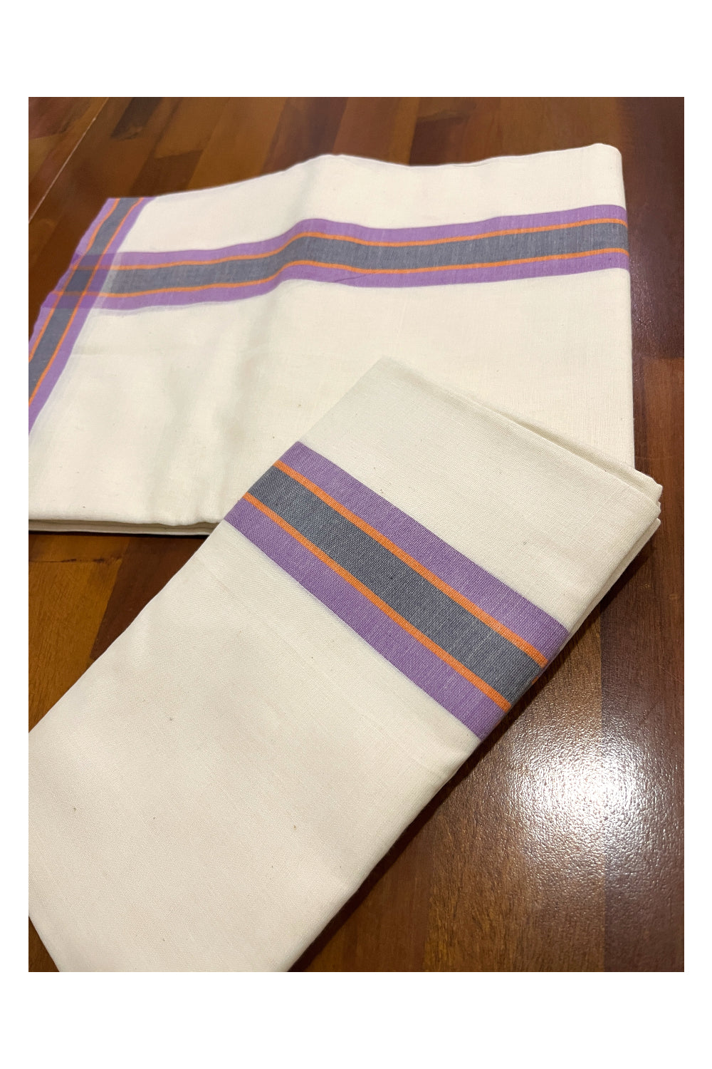 Kerala Cotton Mundum Neriyathum Single (Set Mundu) with Violet and Black Mulloth Border (Extra Soft Cotton)