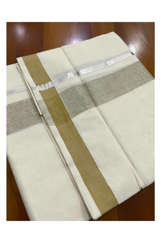 Off White Kerala Double Mundu with Silver Kasavu and Tan Brown Border (South Indian Dhoti)