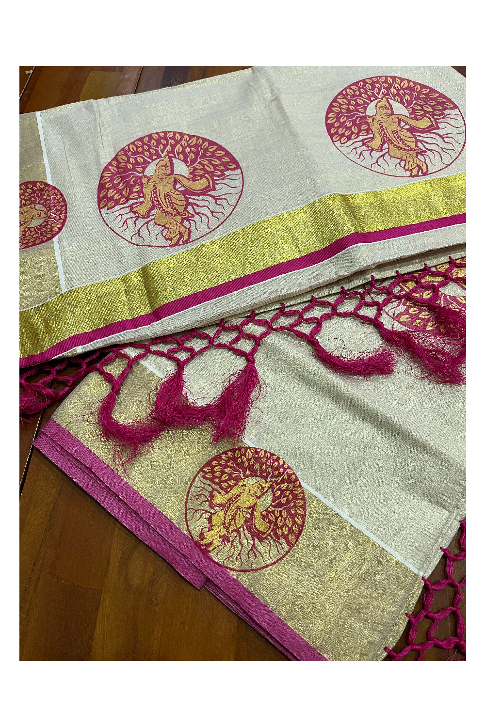 Kerala Tissue Kasavu Magenta Golden Krishna Block Printed Design Saree