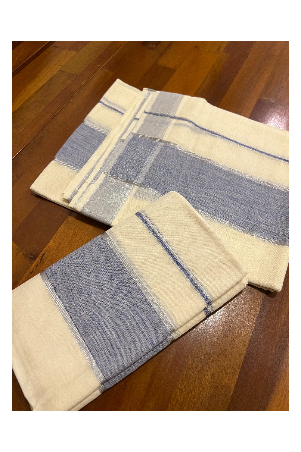 Kerala Cotton Set Mundu (Mundum Neriyathum) with Blue and Narrow Silver Kasavu Border