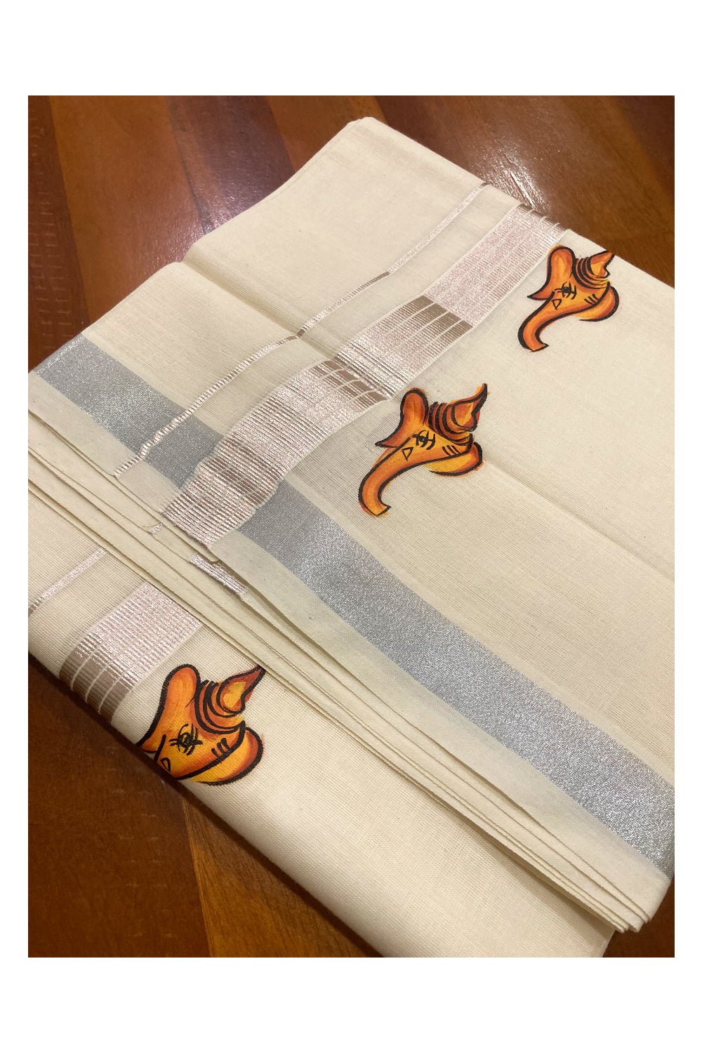 Off White Pure Cotton Double Mundu with Mural Prints on Silver Kasavu Kara (South Indian Dhoti)