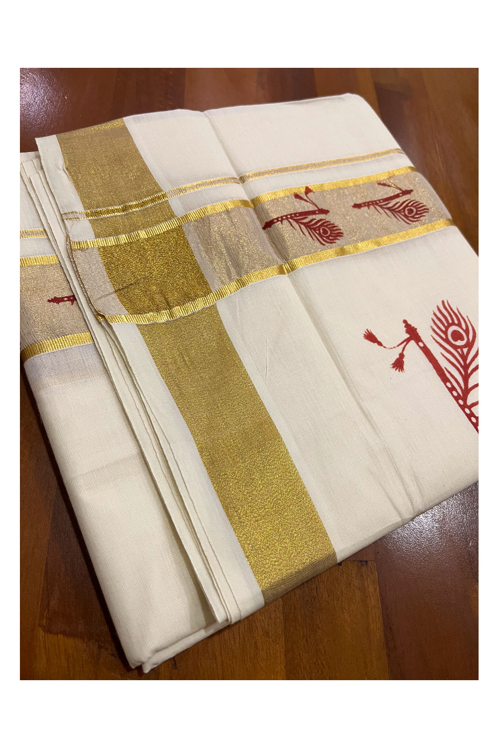 Pure Cotton Off White Double Mundu with Orange Block Prints on Kasavu Kara (South Indian Dhoti)