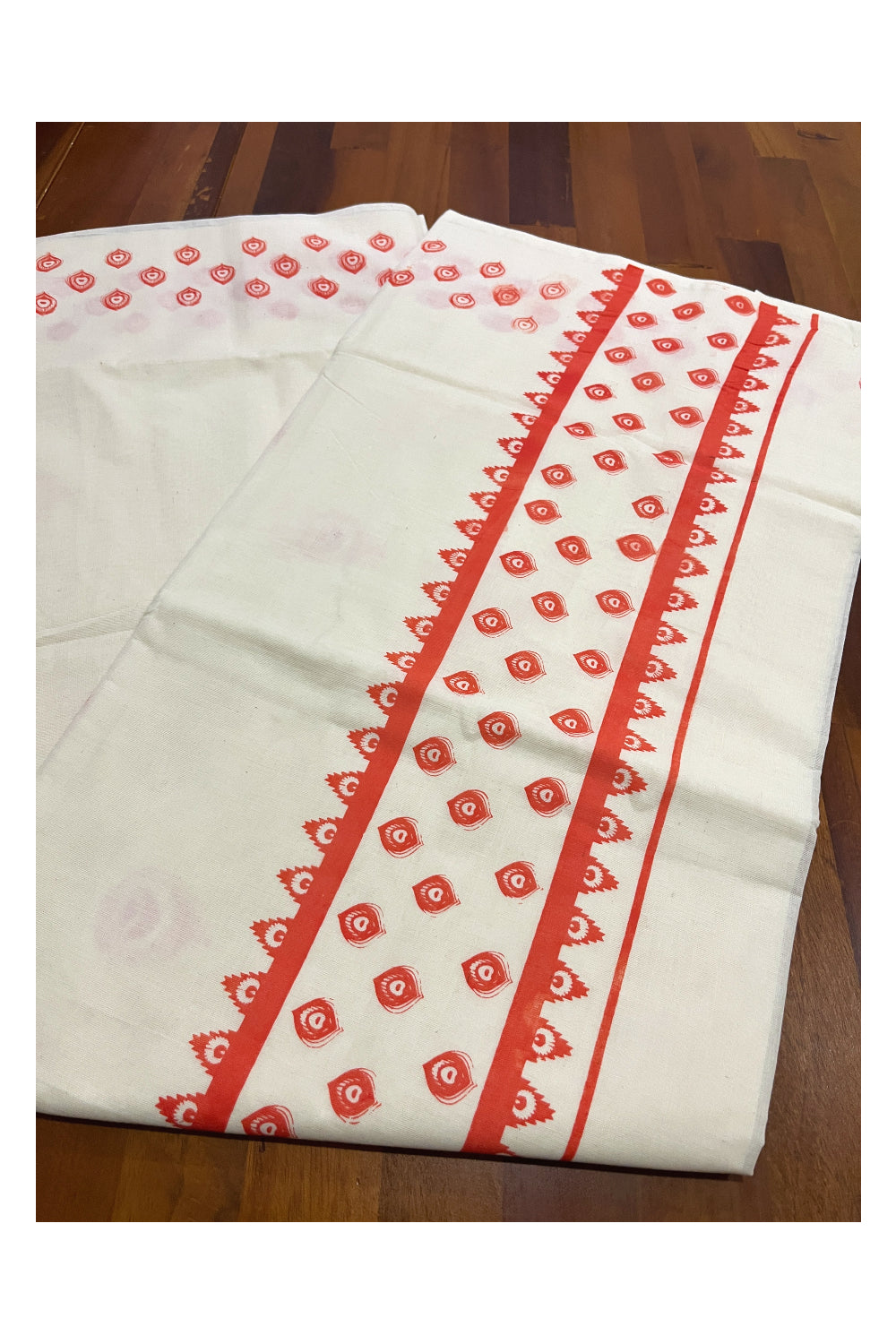 Pure Cotton Off White Kerala Saree with Orange Block Print Border