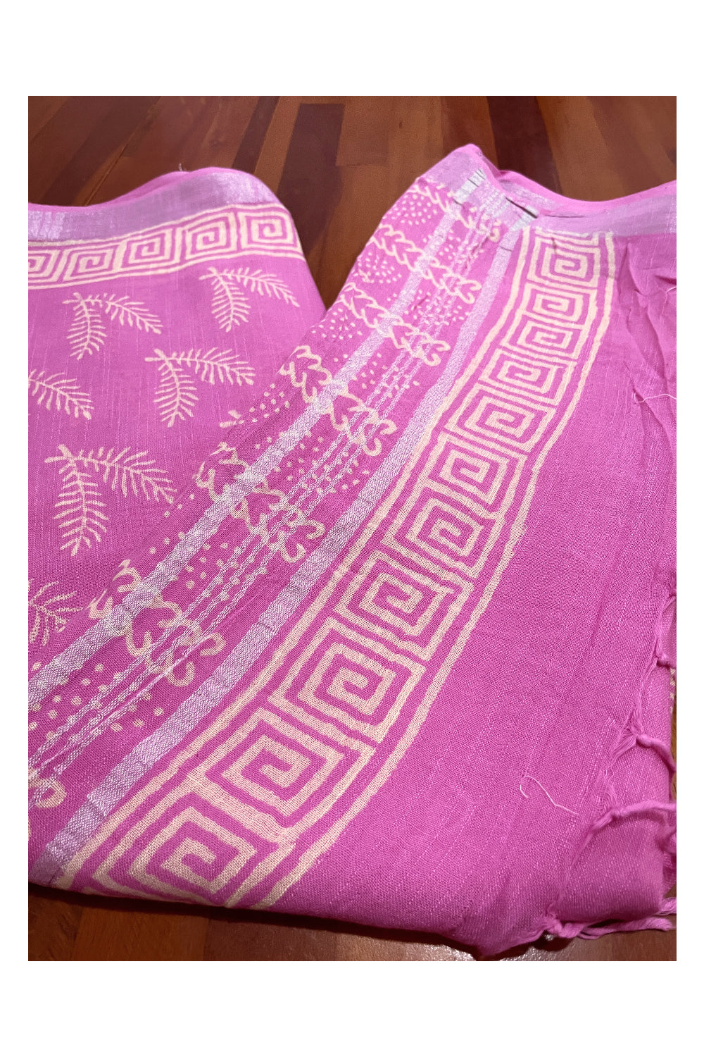 Southloom Linen Designer Pink Saree with White Prints and Tassels Works