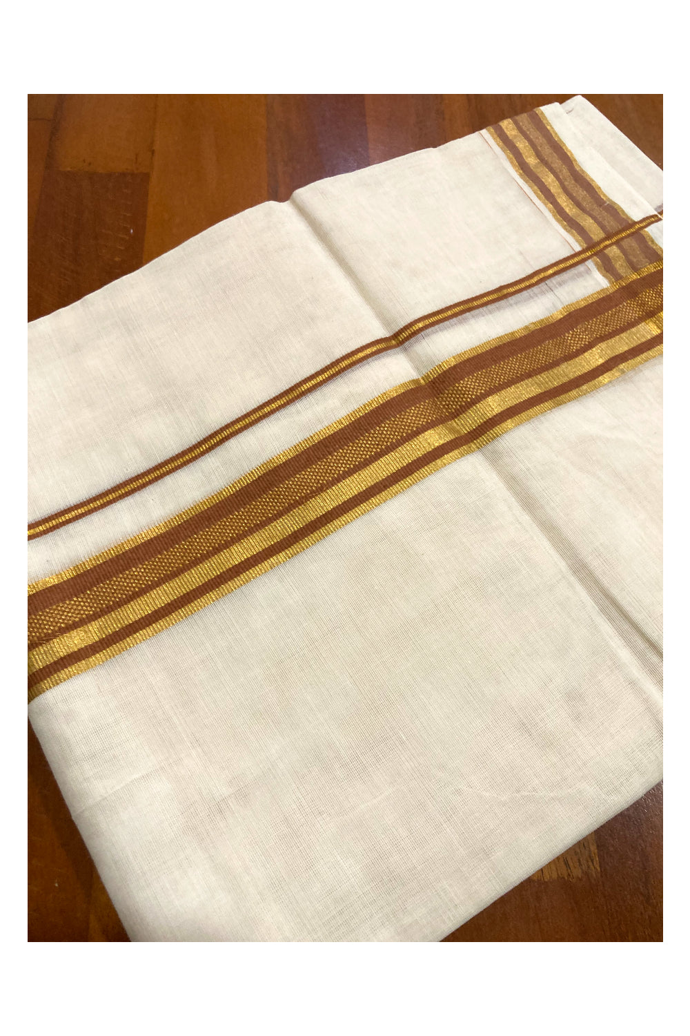 Southloom Premium Handloom Pure Cotton Mundu with Kasavu and Brown Line Border (South Indian Dhoti)