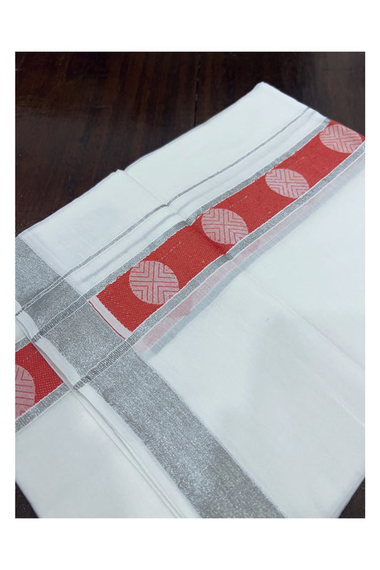 Pure White Cotton Double Mundu with Silver Kasavu and Orangish Red Woven Design Border (South Indian Dhoti)