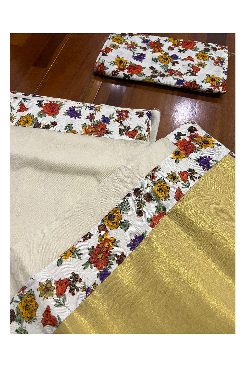 Kerala Pure Cotton Kalamkari Printed Kasavu Saree with Printed Blouse Piece