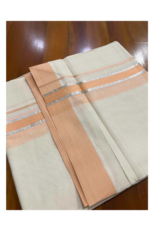 Off White Kerala Double Mundu with Silver Kasavu and Orange Border (South Indian Dhoti)