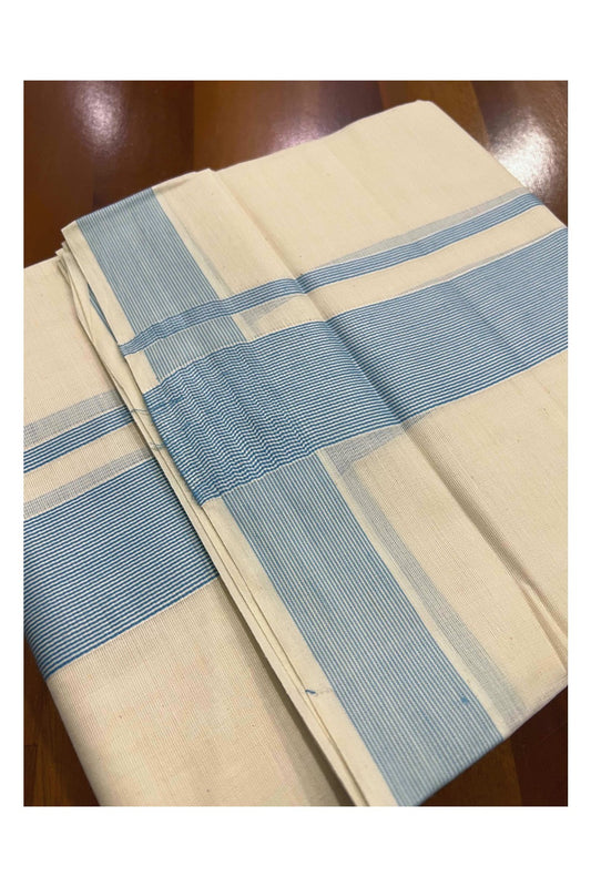 Off White Kerala Double Mundu with 2 inch Light Blue Line Border (South Indian Dhoti)