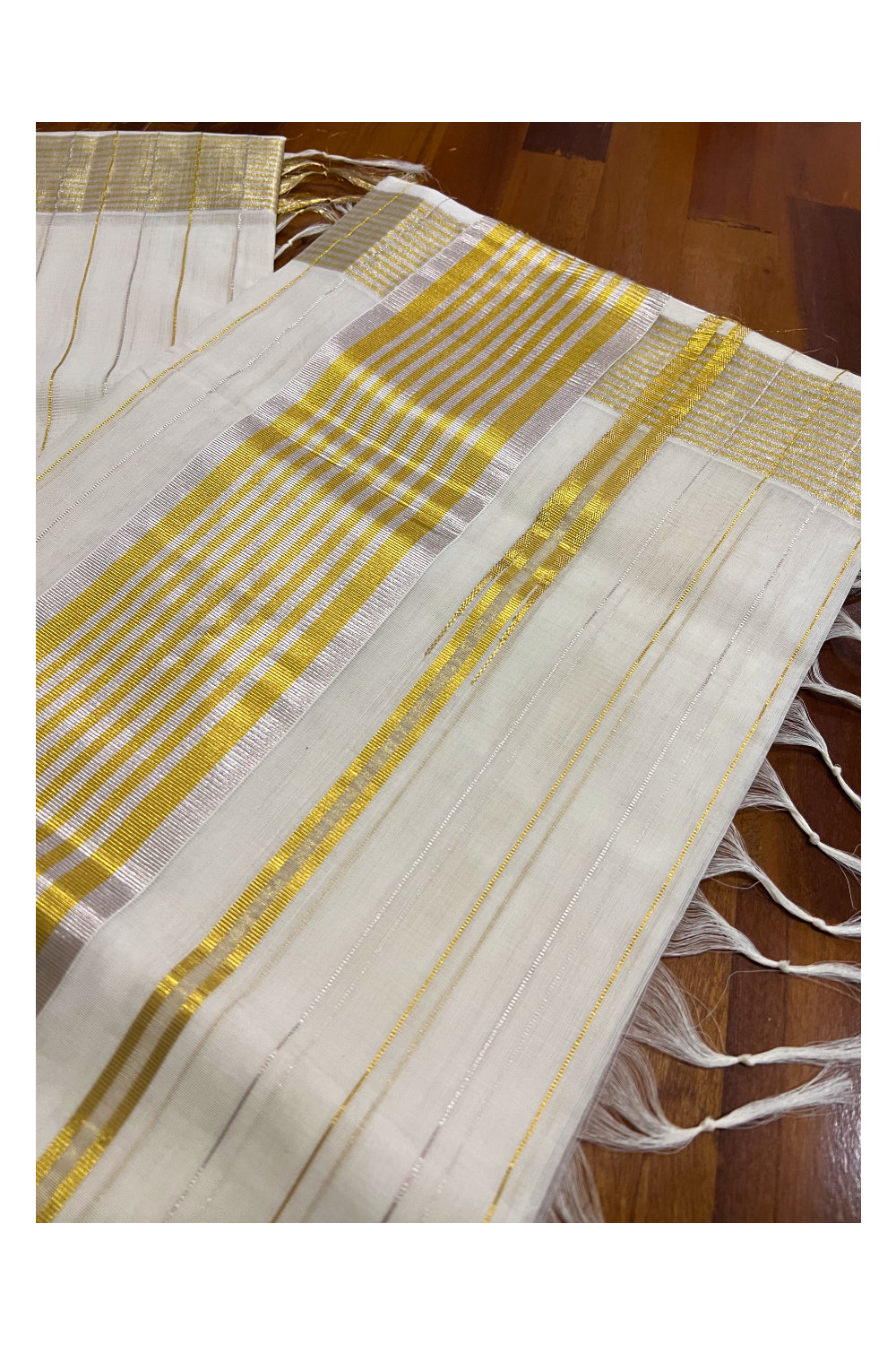 Southloom™ Premium Handloom Kasavu Saree with Silver and Golden Kasavu Lines Across Body