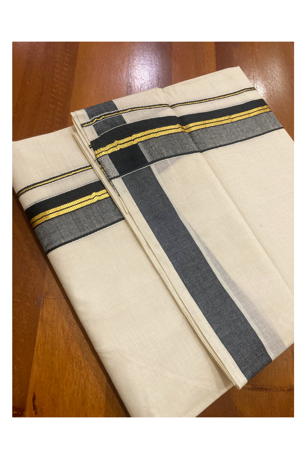 Pure Cotton Kerala Double Mundu with Kasavu and Black Border (South Indian Dhoti)